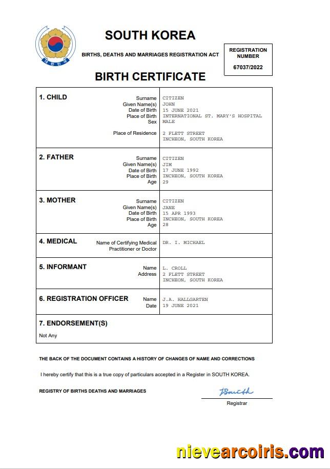 South Korea birth certificate